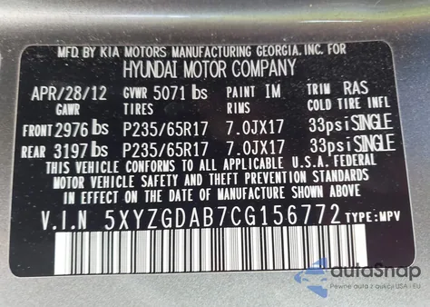 2012 Hyundai Santa Fe Gls from USA, damaged, VIN 5XYZGDAB7CG156772